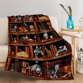 Vintage Kitten Flannel Blanket Cat In The Bookshelf Throw Blanket Librarian Book Lover Gifts Fleece Blankets For Bed Couch Sofa 50x60 (Option: 130x150cm-Orange)