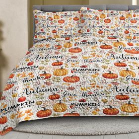 Pumpkin Autumn Leaves Design Quilt Set 3 Pieces Queen King Size All Seasons Bedding Quilt Bed Set With 2 Pillowcases For Kids Teens Adults Bedroo (Option: Queen-Orange)